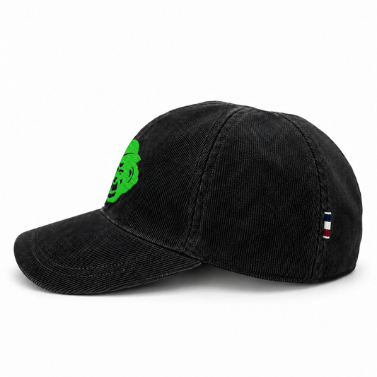 Black French corduroy cap, side view with tricolor tab