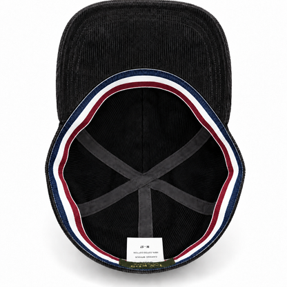 Black French corduroy cap interior with matching striped band and labels