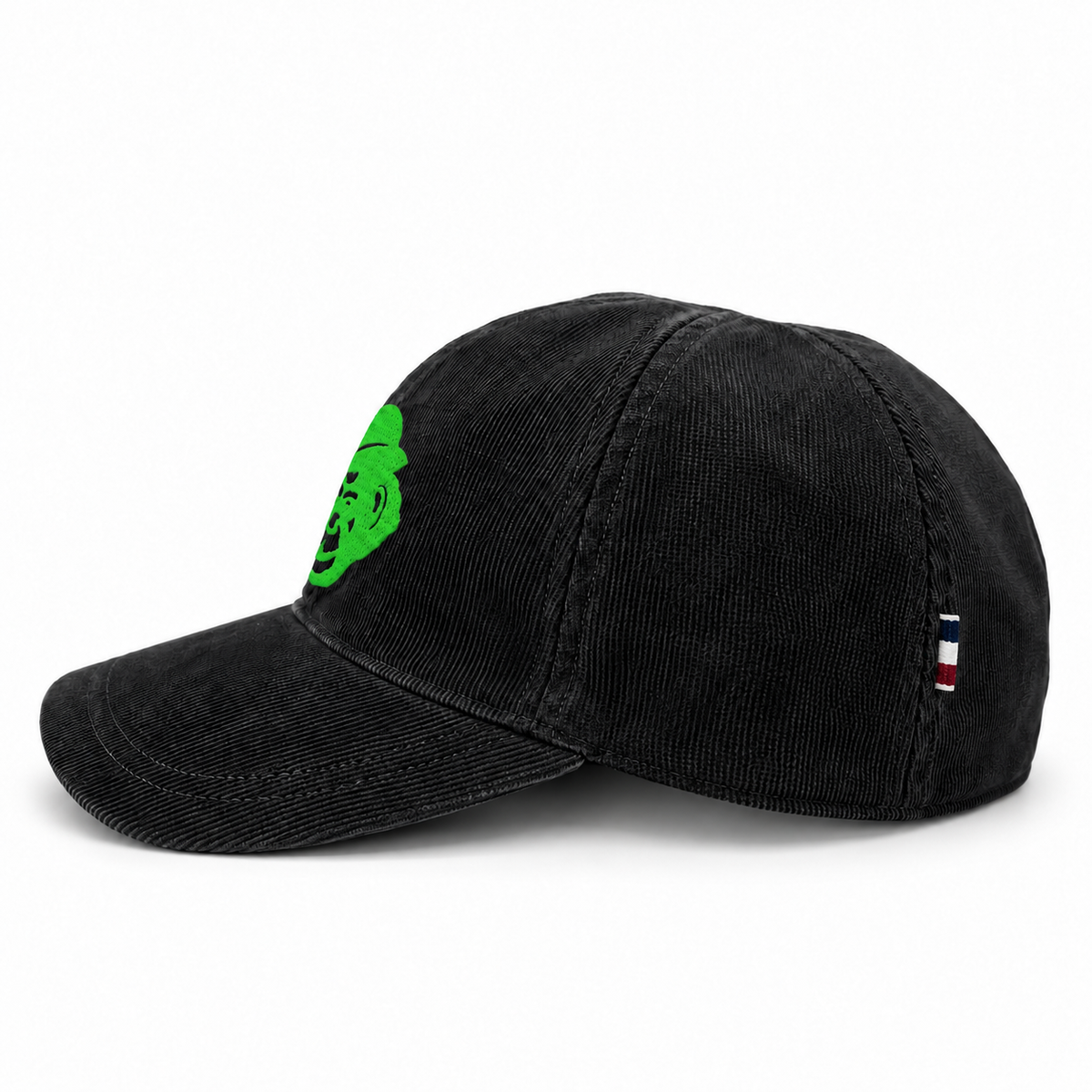 Black French corduroy cap, side view with tricolor tab